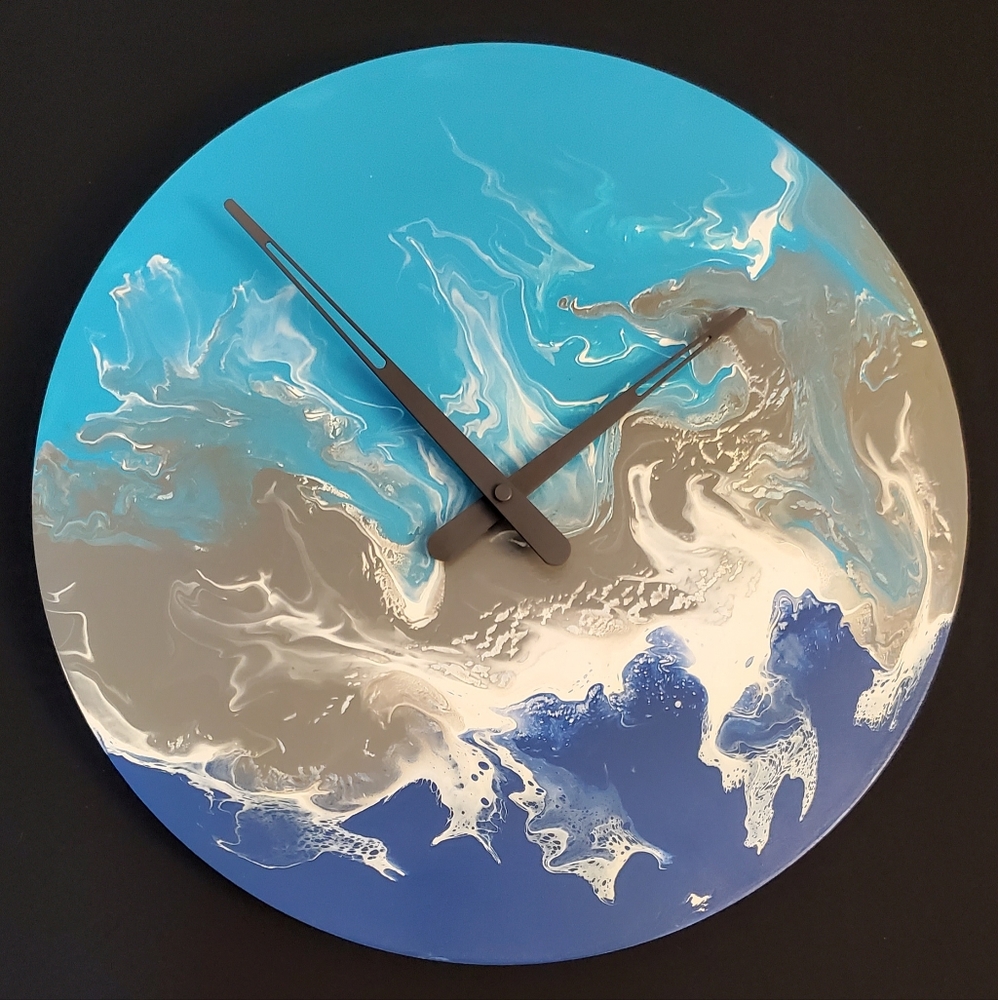 18" Circular Hand-Painted Wall Clock, Blue tones, White, Gray, minimalist style